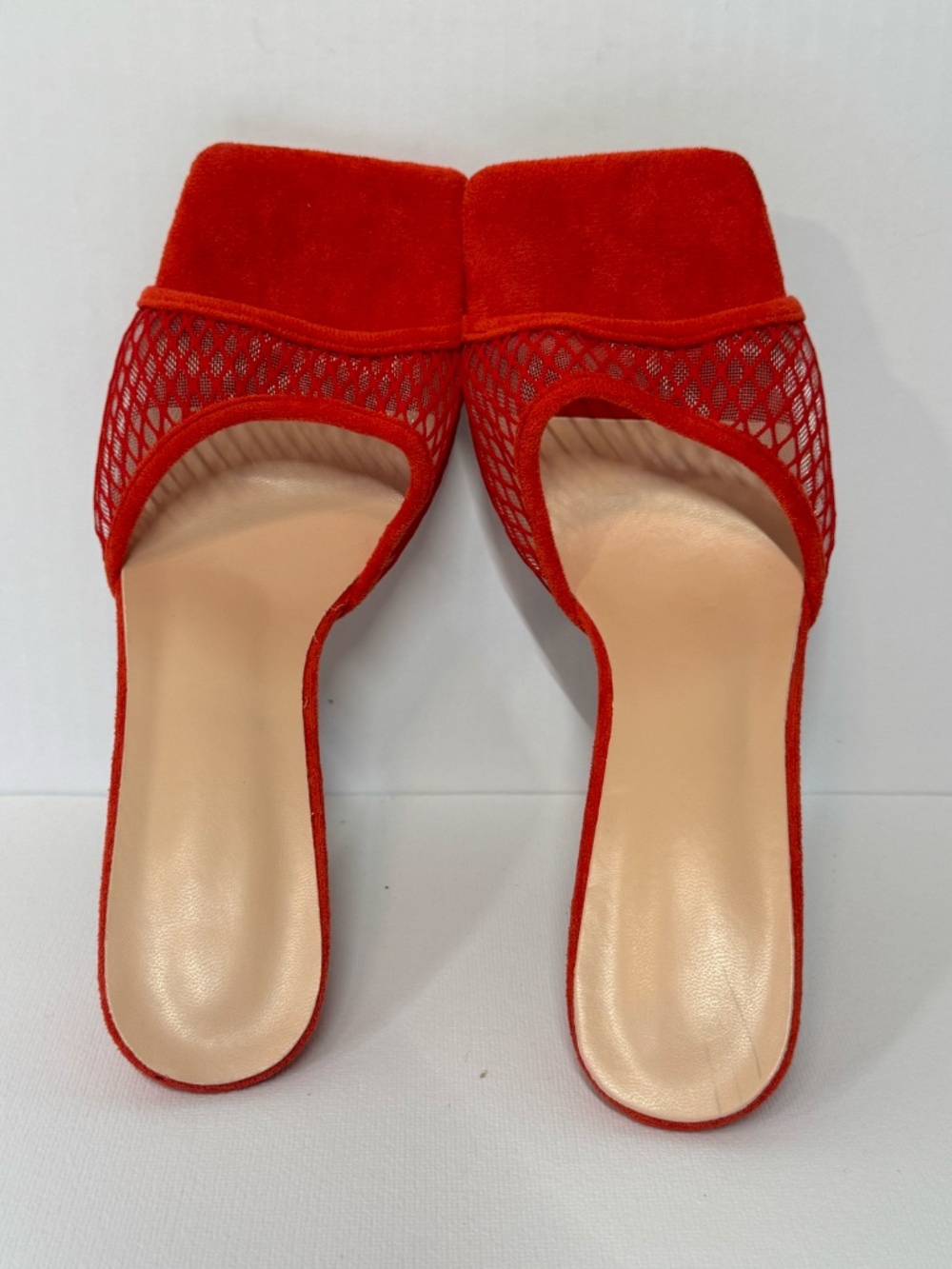 Red Mesh Mule Heels 7.5/8 Open Toe Stiletto Slide Sandals Statement Heels EU38 - Picture 5 of 11